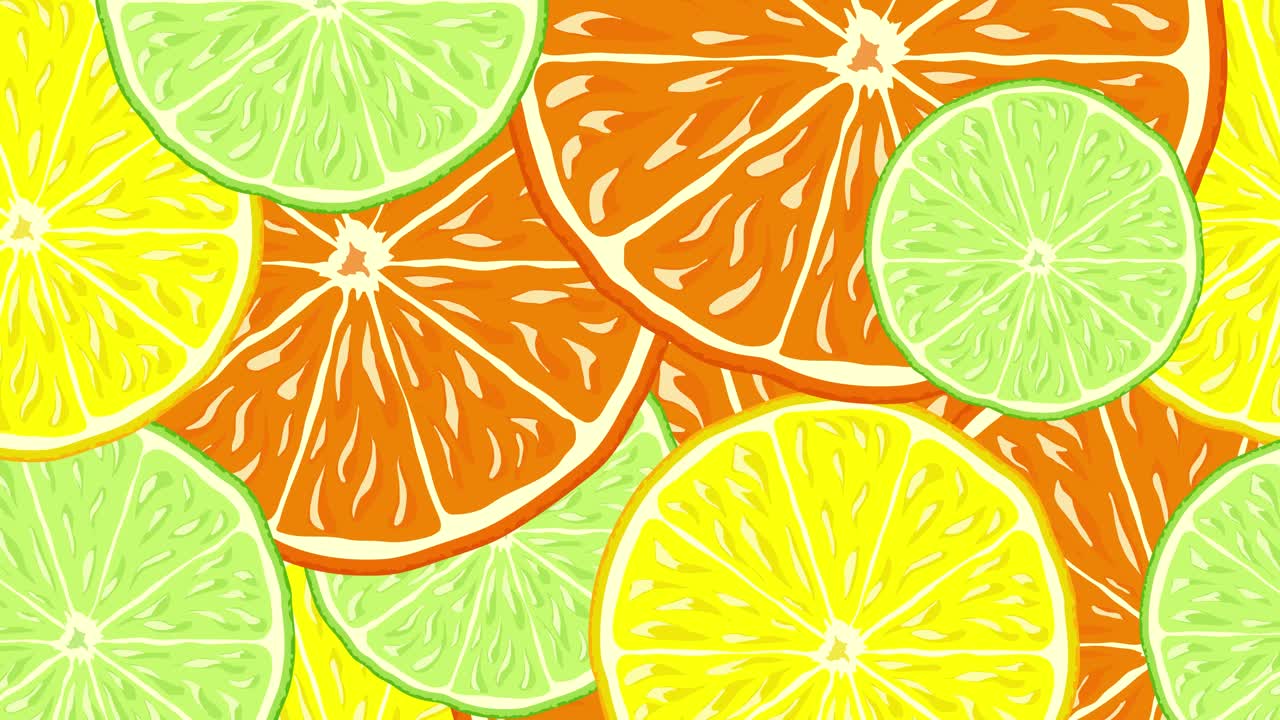 将柑橘类水果的背景与橙色，柠檬和酸橙旋转切片柑橘背景视频下载