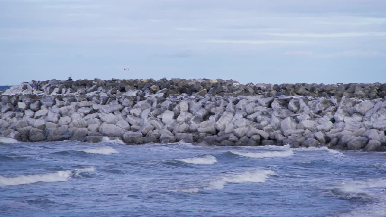 海鸥飞过海岩码头视频素材