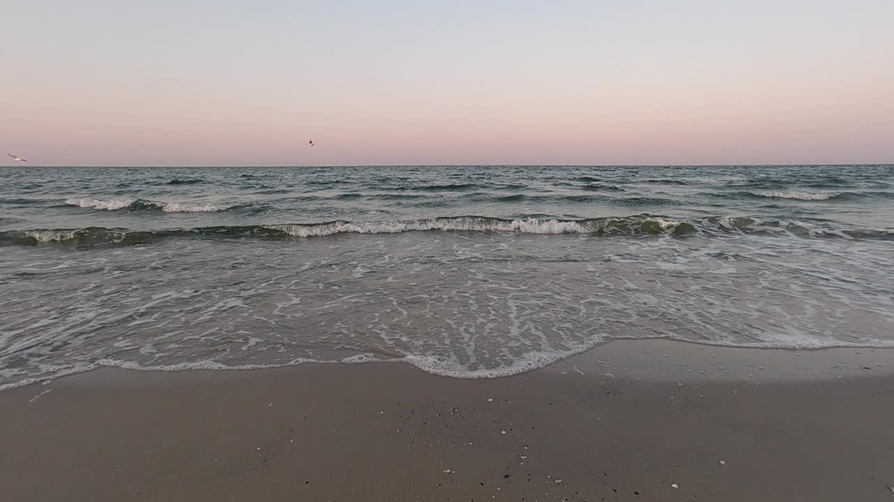 黎明笼罩着海岸。海景。海上冲浪。清晨。缓慢的运动。视频下载