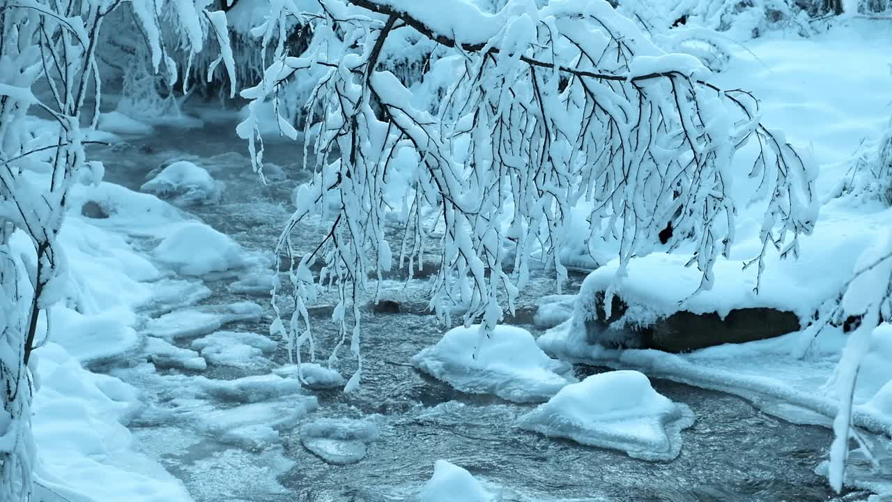 霜冻的冬季景观，一条快速的山河在降雪后的森林冰雪下流动和翱翔。视频素材