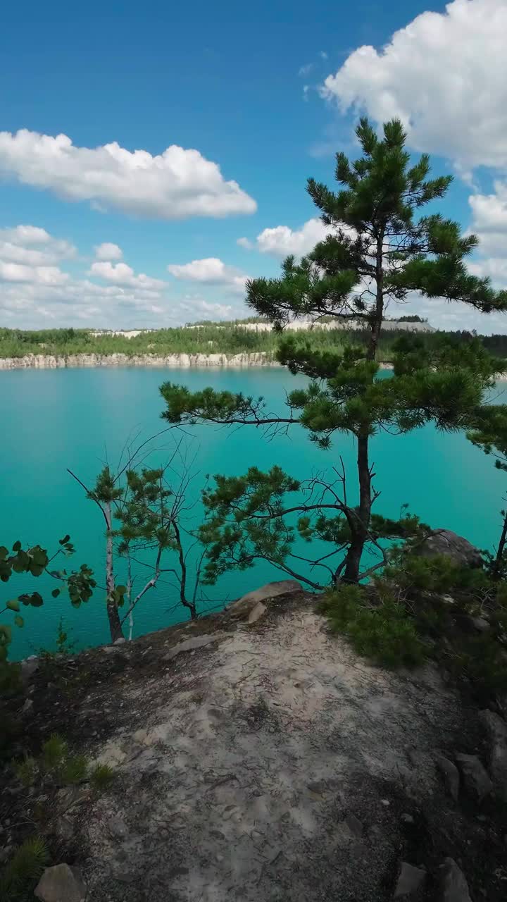 湖景有绿松石水，夏日阳光明媚。垂直视频视频下载