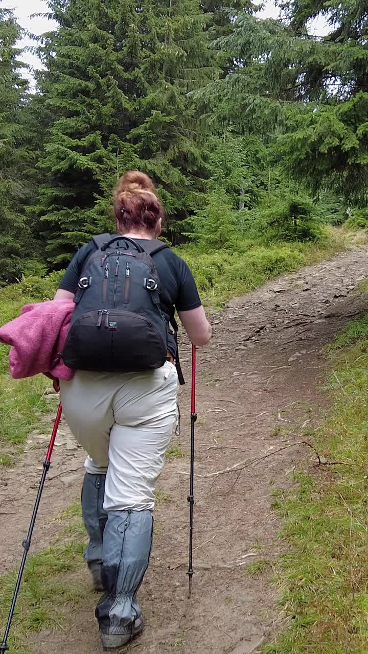 一个女人去徒步旅行。她用登山杖爬这条路视频素材