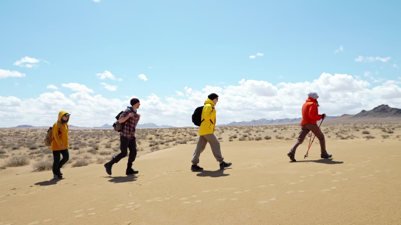 五名徒步旅行者一起沿着沙漠地区漫步，欣赏风景优美的风景视频素材