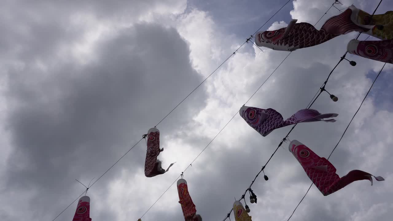 锦鲤鱼旗或锦鲤装饰与天空的背景视频下载