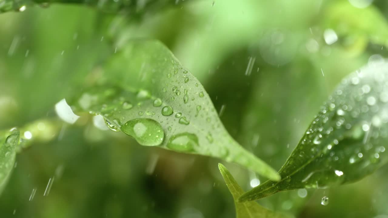 超级慢动作的雨滴特写。雨水滴落在植物的绿叶上。视频素材