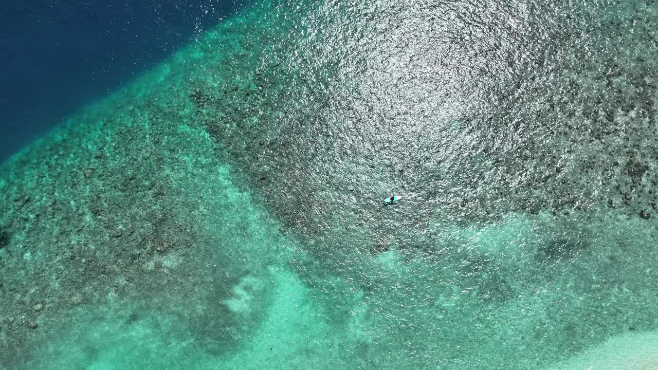 一个美丽的女孩优雅地在绿松石般的马尔代夫水域上划桨，从上面拍摄的令人惊叹的鸟瞰图视频素材