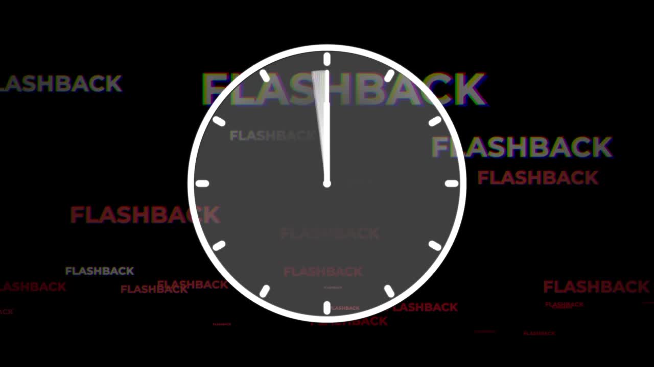 带故障效果的倒叙移动到时钟后面，手向后旋转。-数字与alpha通道视频素材