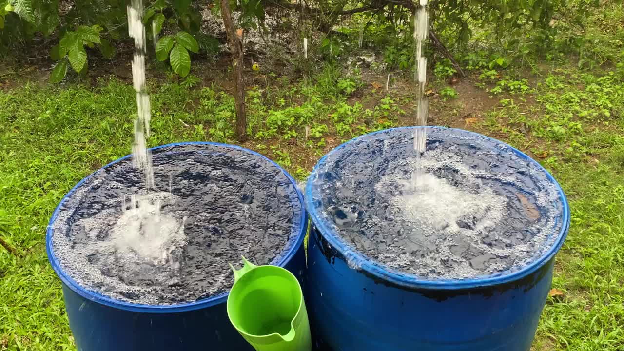 收集雨水的蓝色大桶。节约自然资源。生态视频素材