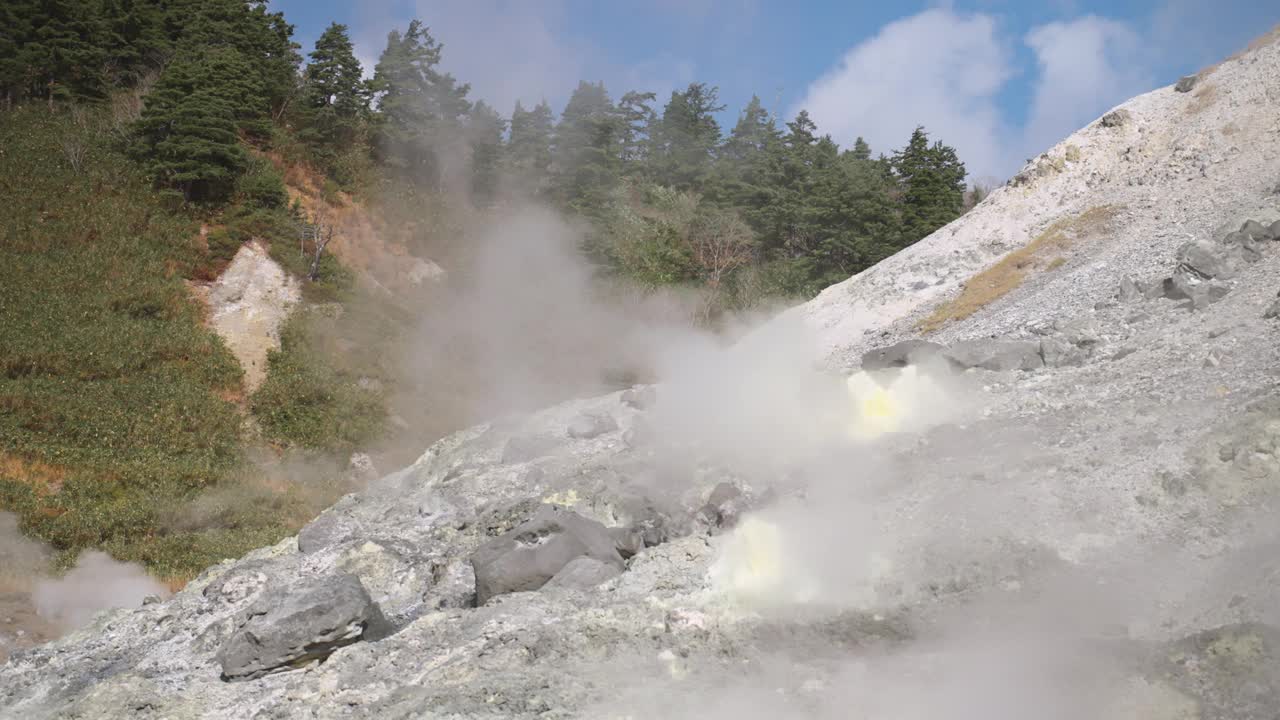 独特的地热景观，在山上有大量的蒸汽和硫磺矿物，为东北秋田的玉川温泉产生加热水的过程，也用于燃料和发电视频素材