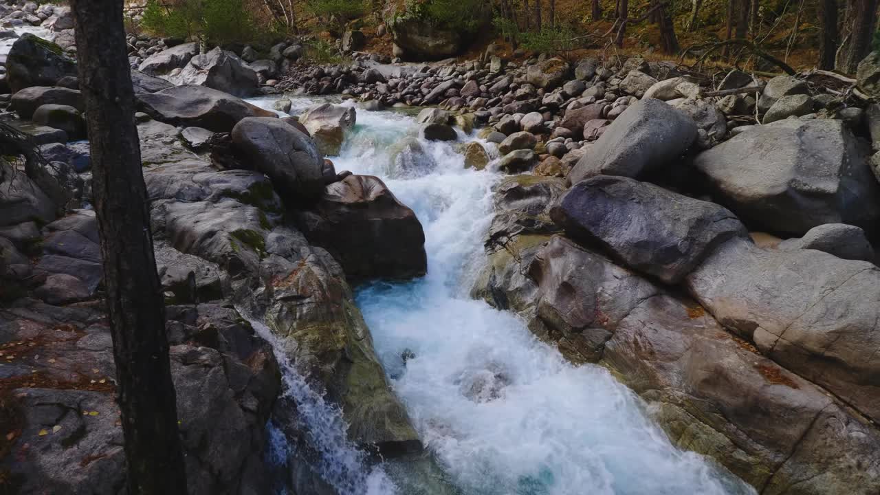 初秋夏末，山间河流在森林中的景观。水是天然的视频素材