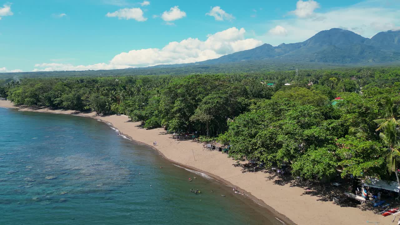 在阳光明媚的日子里，靠近海洋的海滩和海岸上的热带树木视频素材