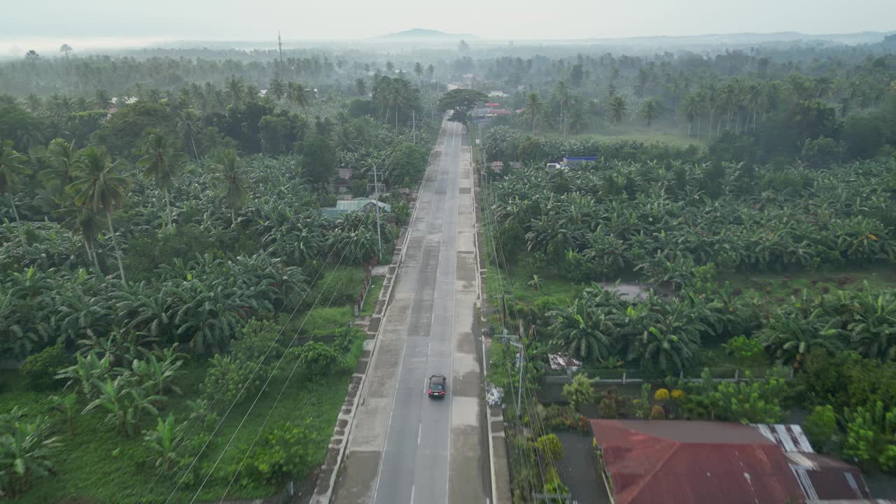 汽车行驶在被热带树木环绕的沥青公路上视频素材