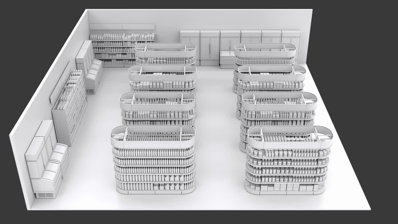 销售地板上，一排排的货架上摆放着空白的产品，孤立在黑色上视频素材