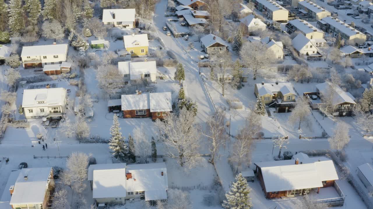 平移无人机视频展示了白雪覆盖的住宅区阳光明媚的别墅，照亮了日出时原始的降雪后风景。视频下载