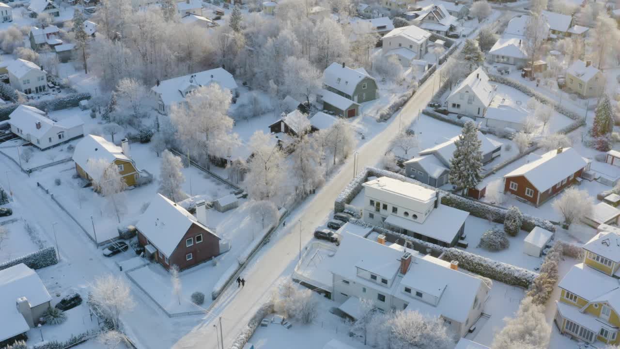 别墅区的阳光街道展示了一个宁静的，白雪覆盖的住宅区。视频下载