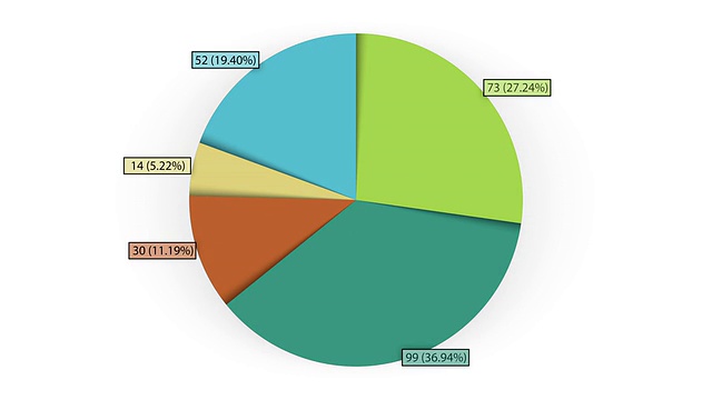 动画饼图，五个部分。2 d和3 d。哑光。视频素材