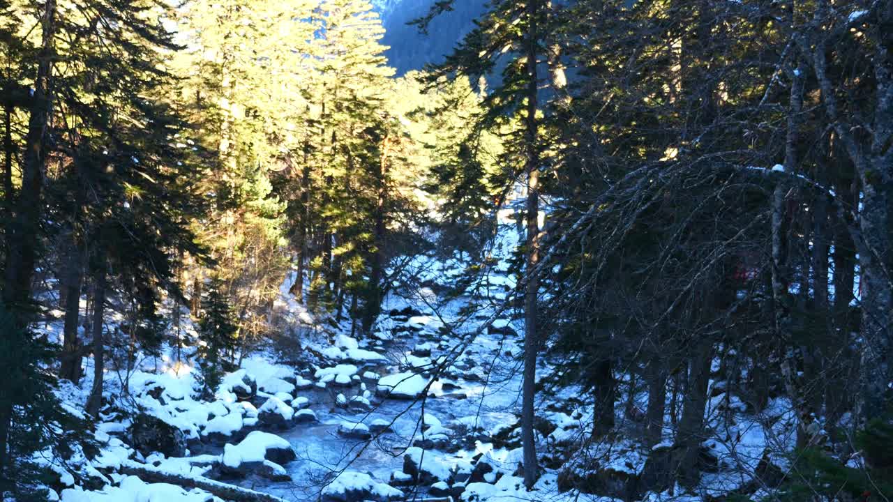 上比利牛斯山脉Cauterets附近的雪山和瀑布景观(缩小)视频素材