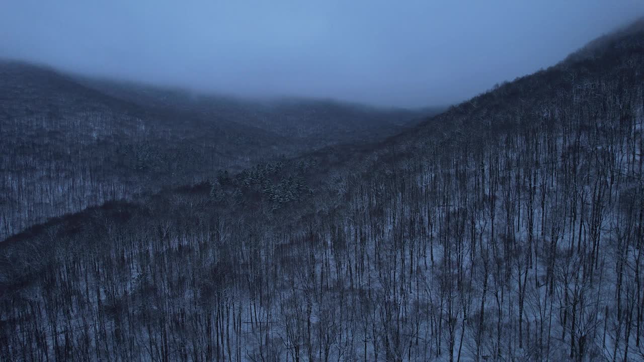 美丽的空中无人机拍摄的阿巴拉契亚山脉在晚上被雪覆盖视频素材