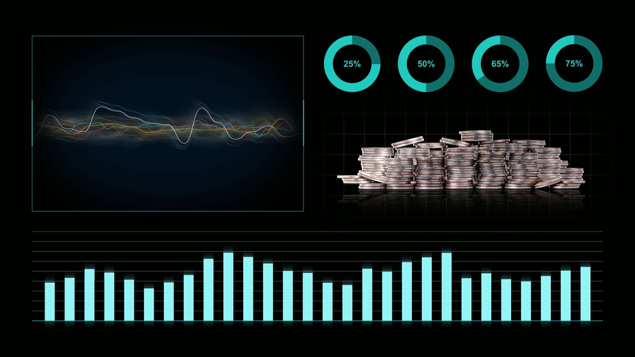 经营理念与图表和成堆的硬币。视频下载