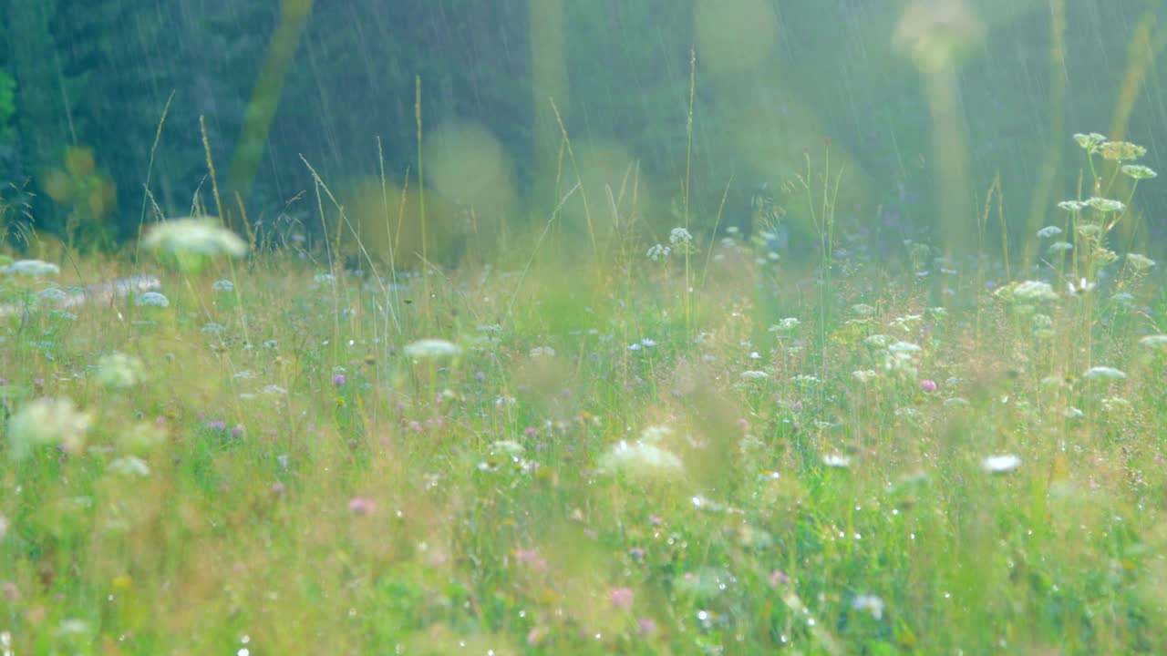 温暖的夏雨洒在开花的草地上视频素材