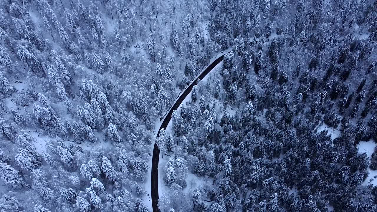 空中倾斜的山路与积雪覆盖的森林在冬天在上孚日，法国视频素材