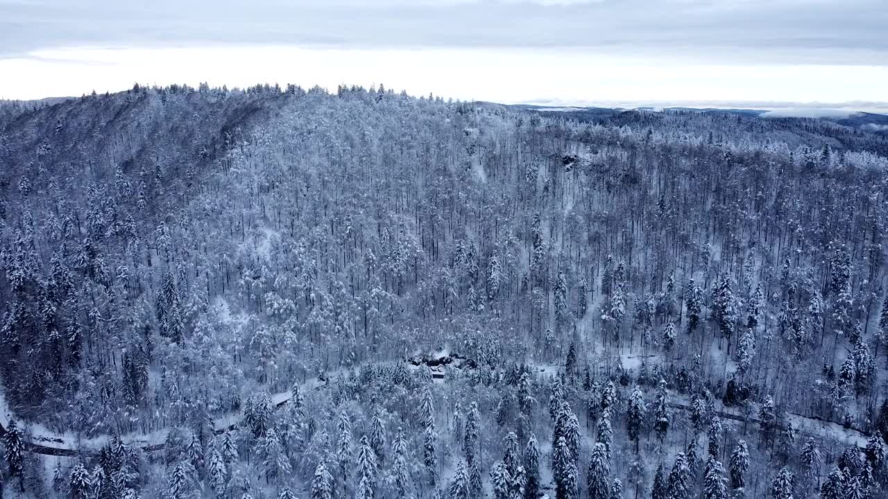 航拍的孚日(法国)冬季景观揭示了雪山覆盖的森林和山路视频素材