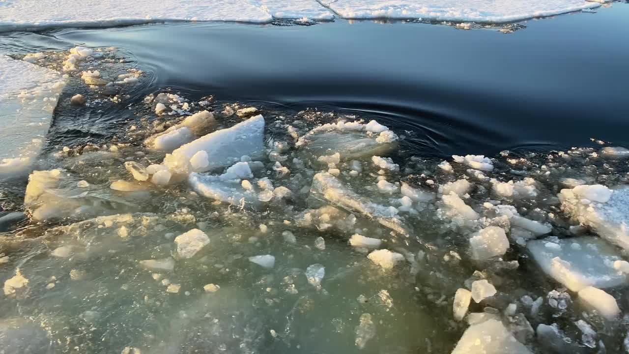 浮冰漂移过程中破碎的浮冰的运动。浮冰漂移过程中破碎的浮冰的运动。沿着河床射击视频下载