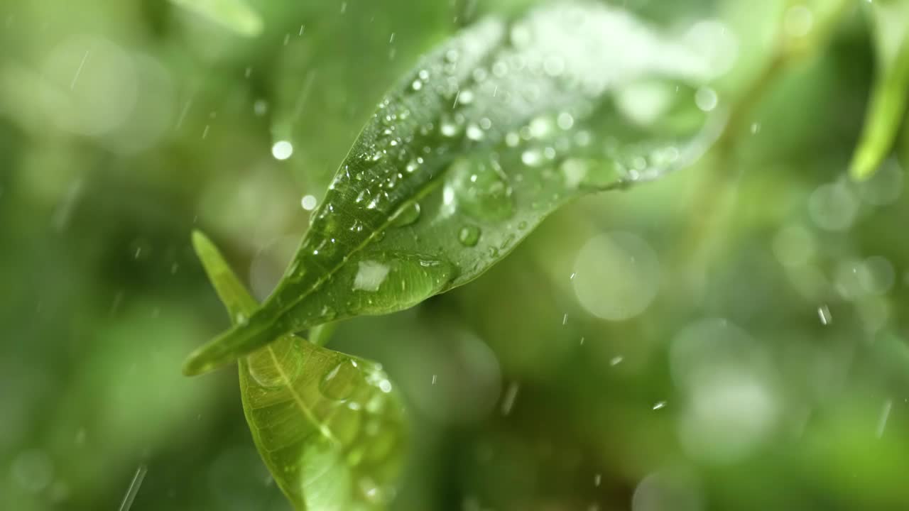 超级慢动作的雨滴特写。雨水滴落在植物的绿叶上。视频素材