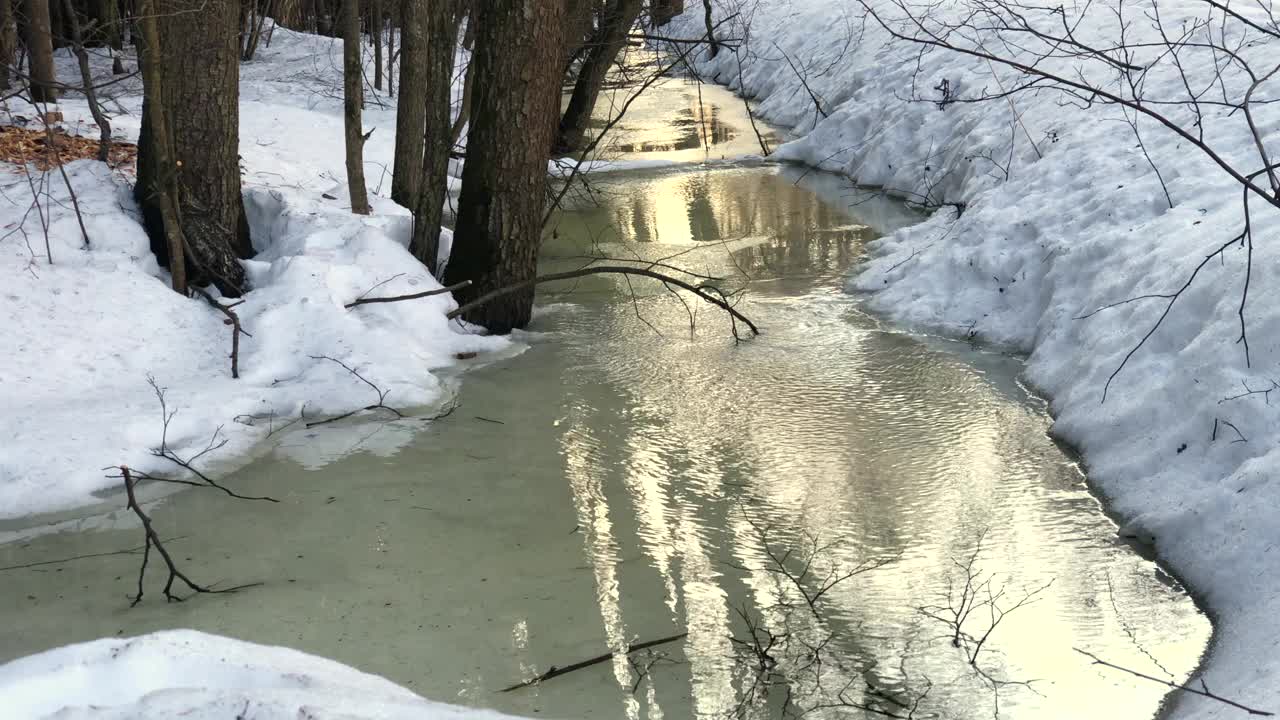 早春积雪融化，形成了流动的小溪视频下载