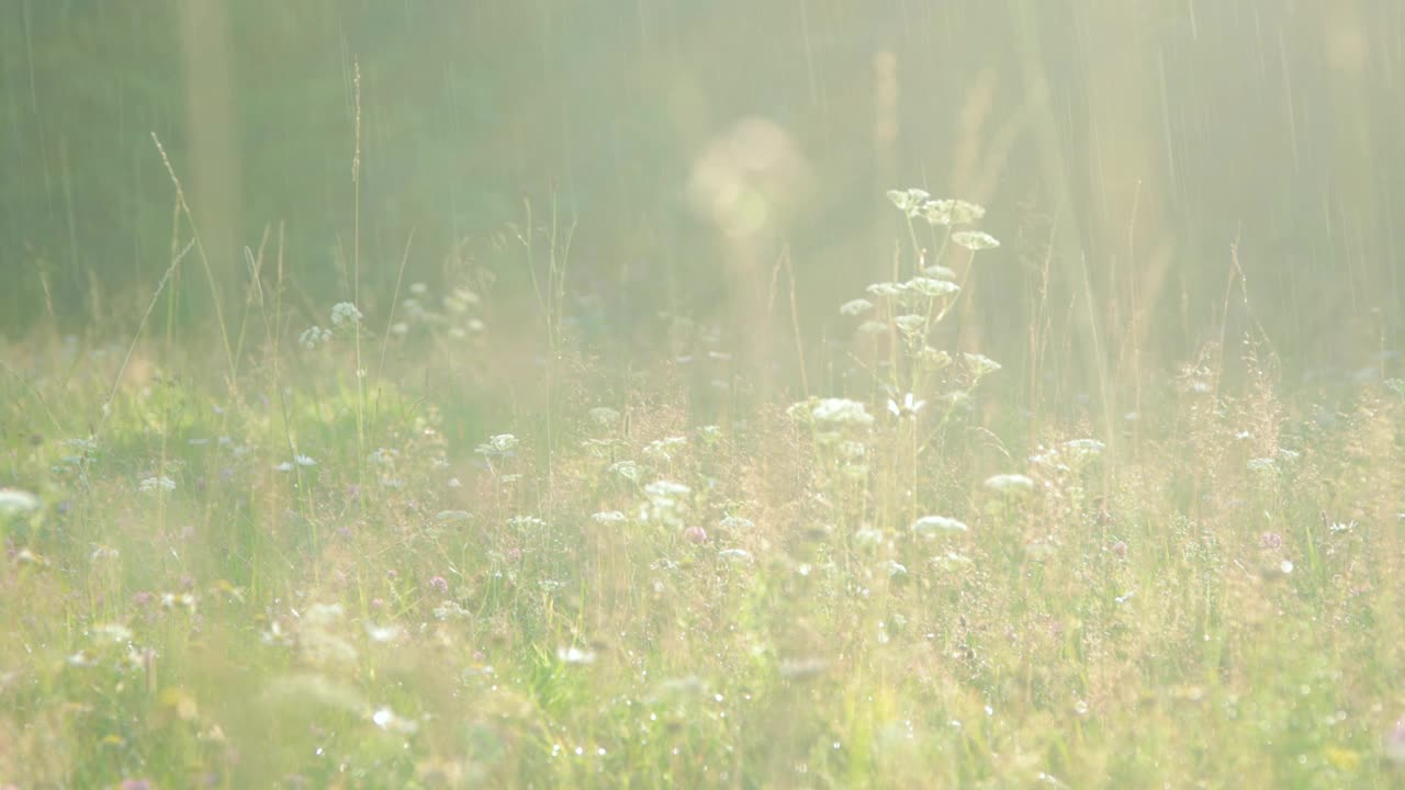 温暖的夏雨洒在开花的草地上视频素材