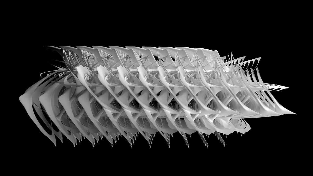 3d渲染单色抽象艺术视频动画与超现实有机未来外星人机制基于复制白骨物体在塑料材料在孤立的黑色背部旋转过程视频素材