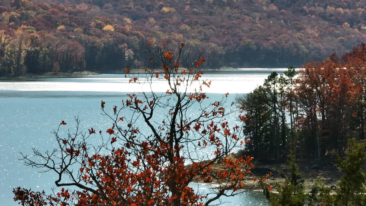 波光粼粼的湖水——美国阿肯色州克劳福德县的波士顿山脉史密斯堡湖。-航拍视频素材