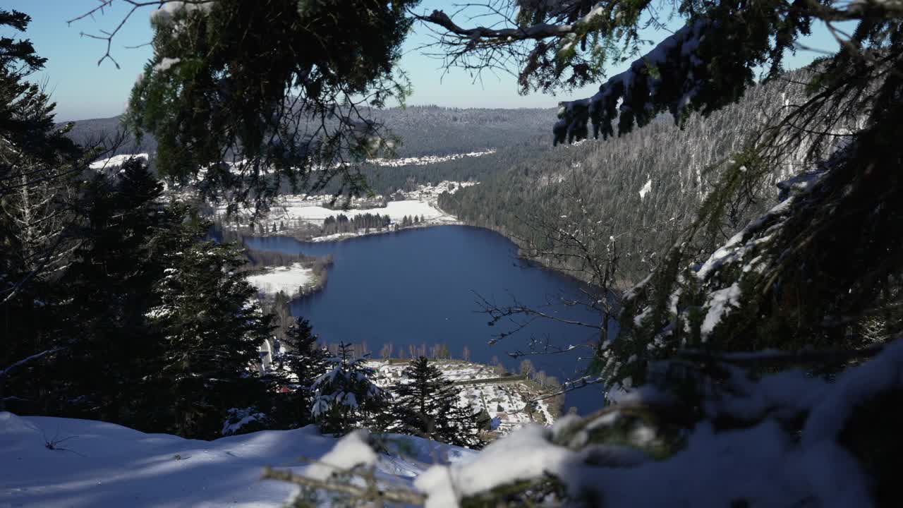 在法国孚日的朗格默湖上，透过积雪的高山森林树木拍摄的广角照片。视频素材