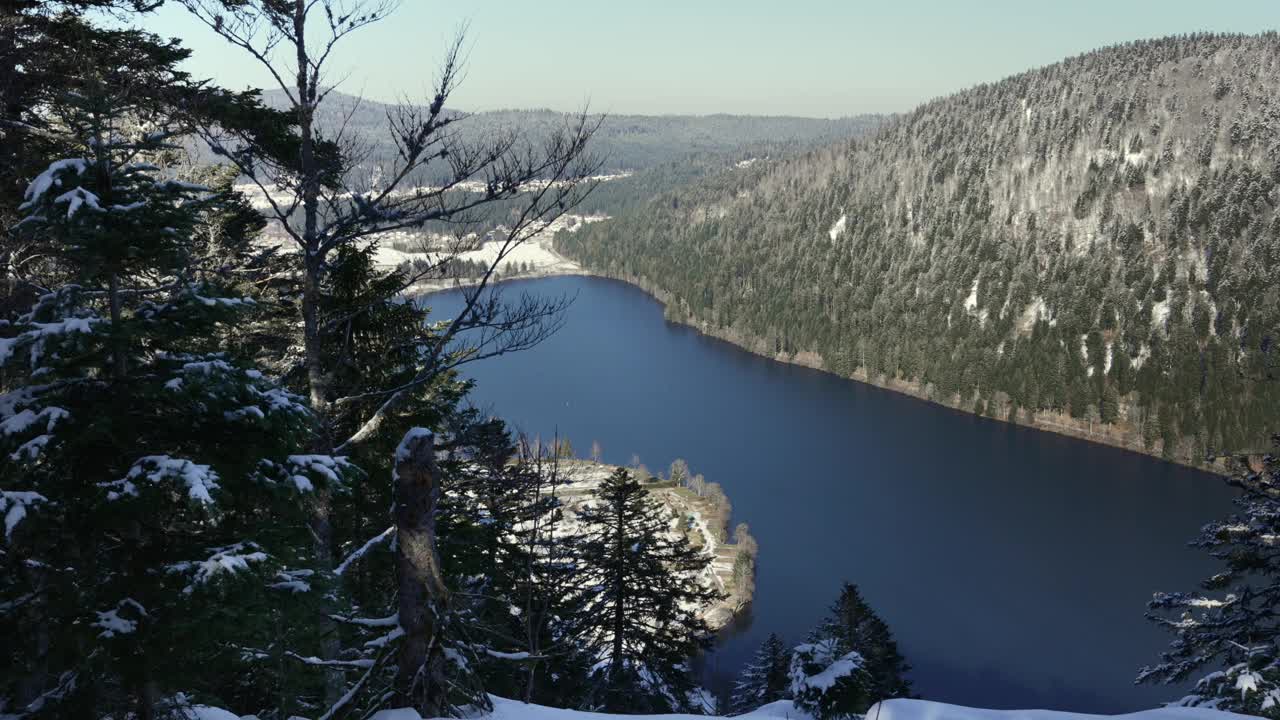 冬季景观静态拍摄的朗杰默湖，在孚日，法国，雪松林在法国山区。视频素材