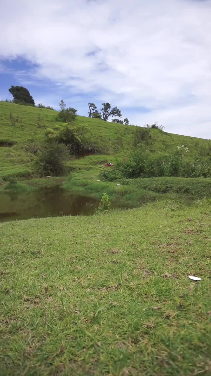 自然风光山脉自然全景丘陵，和森林的高大的绿树和斜坡的绿色种植园在多云的蓝天视频素材