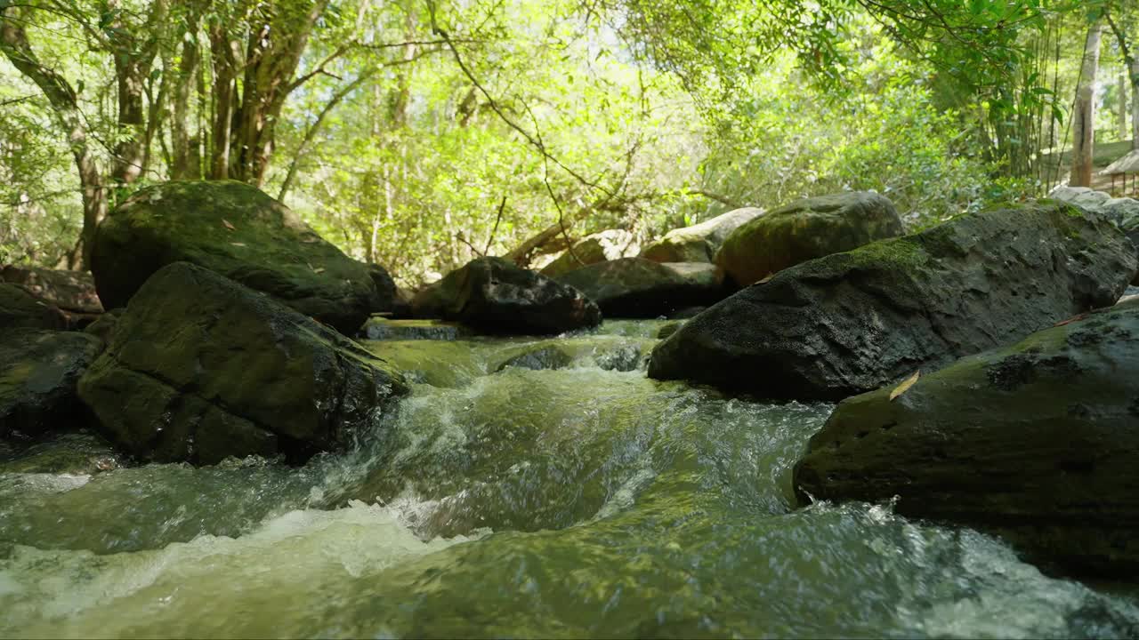 水从巨石中流过。石头在水里。水泡沫。快速的电流。丛林中水流穿过岩石的特写镜头。夏天流过岩石的小溪。自然概念视频素材