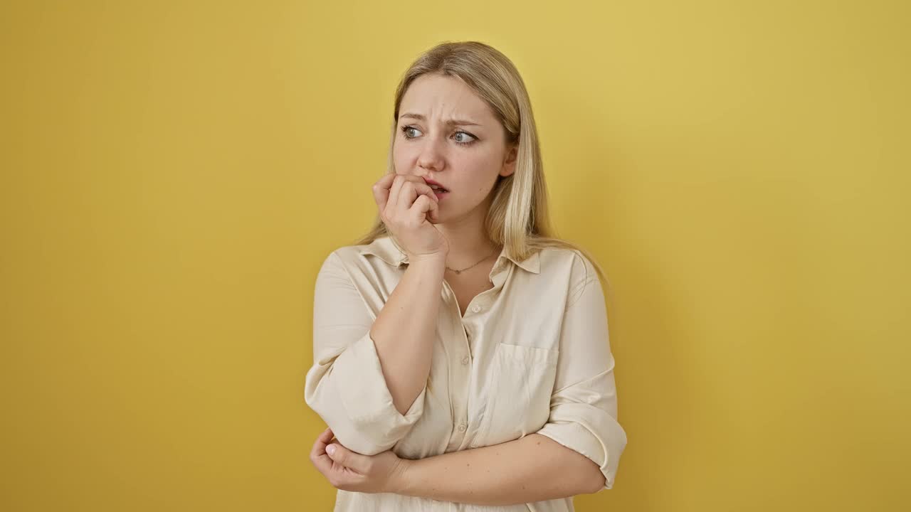 紧张的年轻金发女子看起来很紧张，焦虑地咬指甲，孤立地站在黄色的背景上——这是一幅令人担忧的恐惧和压力的肖像。视频素材