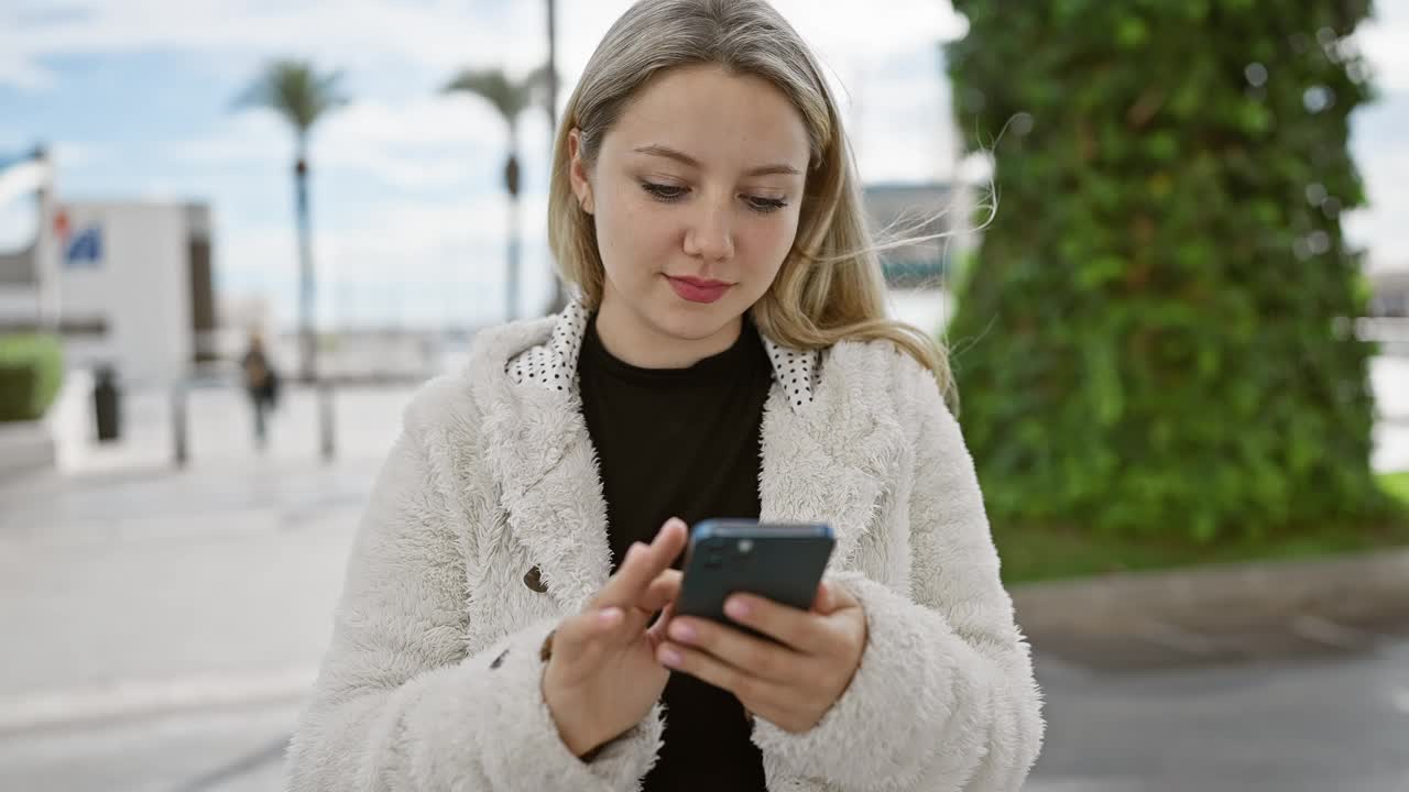 年轻的白人女性在城市公园户外使用智能手机。视频素材