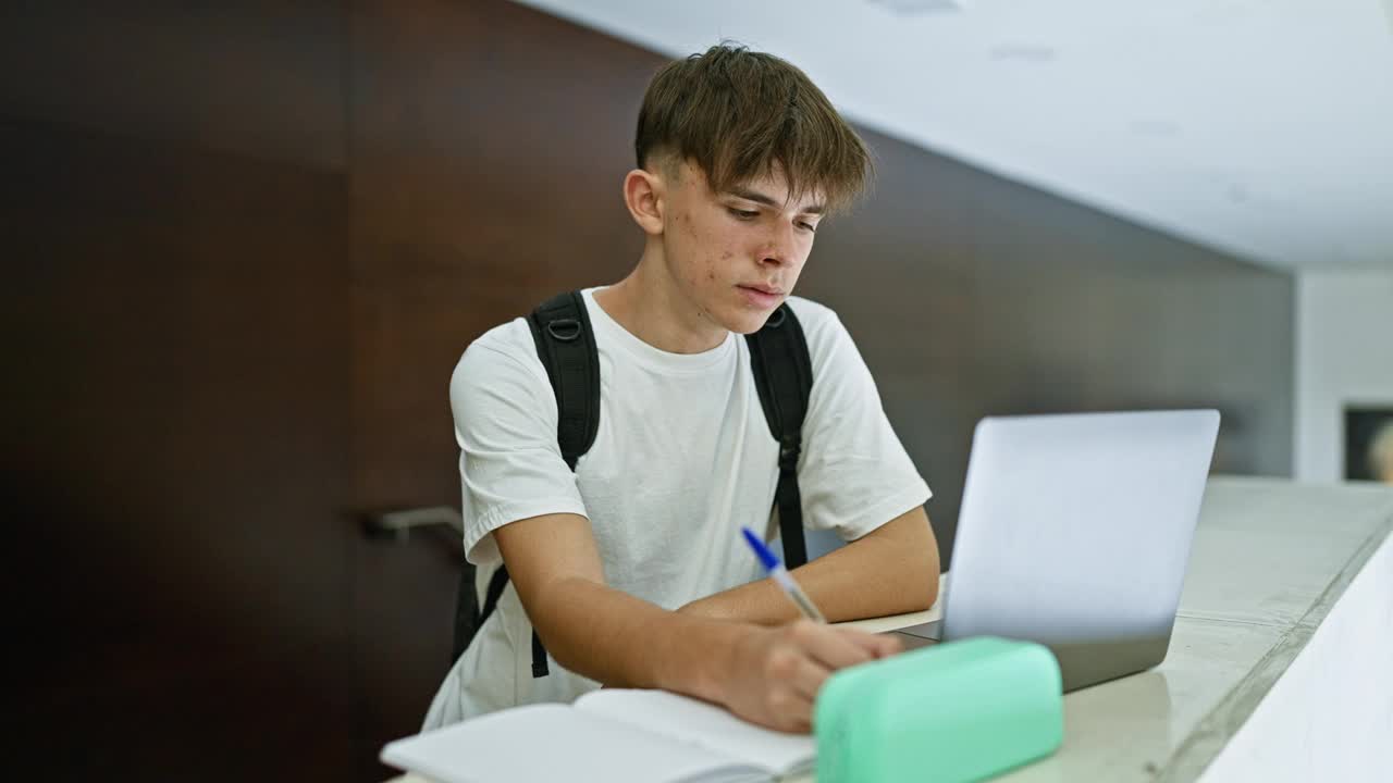 在现代大学图书馆用笔记本电脑和笔记本学习的白人少年视频素材