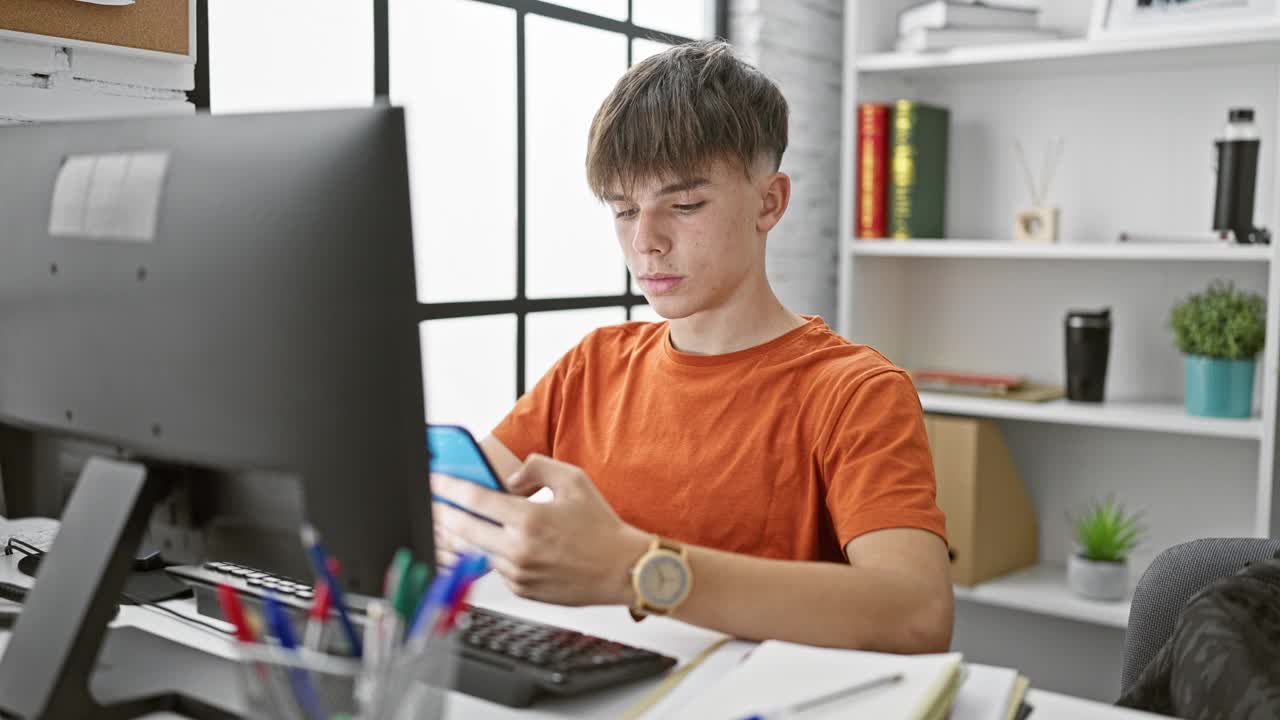 穿着橙色衬衫的年轻白人男学生在现代大学图书馆的桌子前用智能手机自拍。视频素材