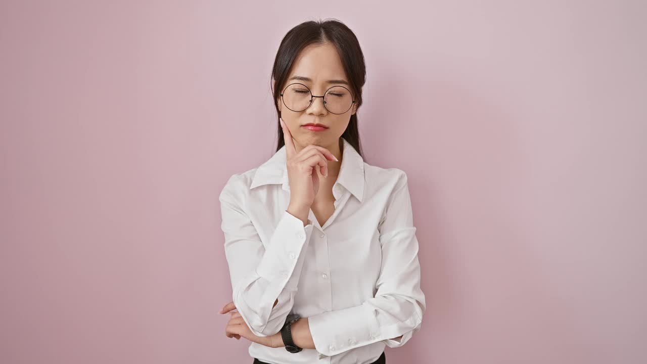 年轻的中国女子戴着眼镜，手指放在下巴上，站在那里全神贯注地思考着疑问，仰望着孤立的粉红色背景视频素材