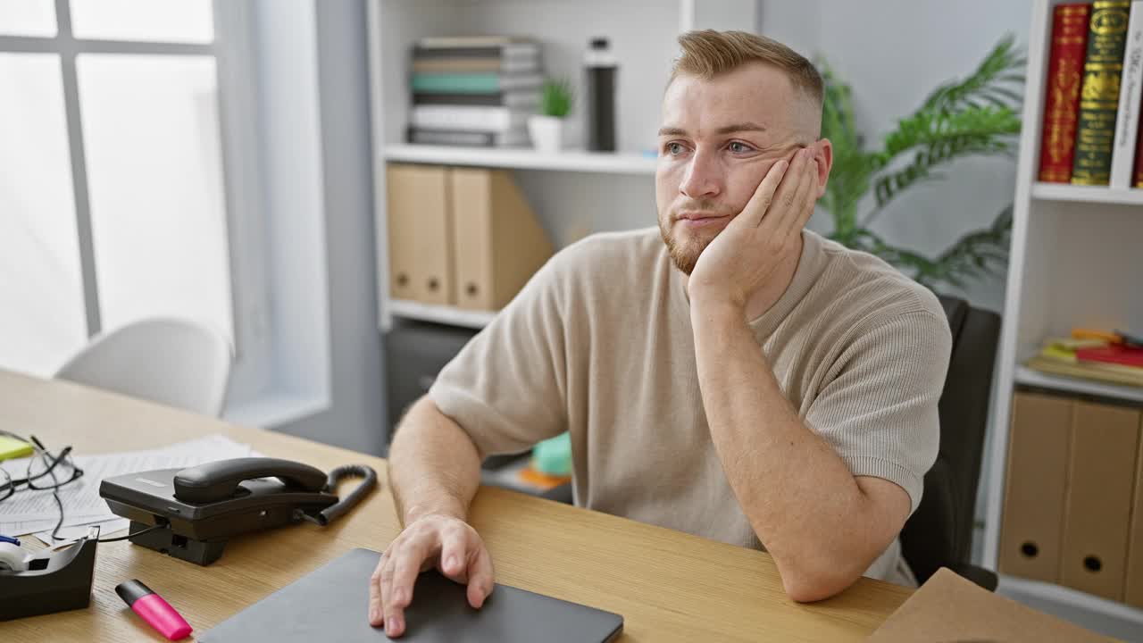 一个留着胡子的沉思的年轻人坐在一间现代化的办公室里，表达着沉思和深思。视频素材