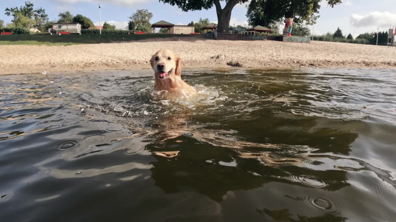 金毛猎犬幼犬跳入水中游泳视频素材