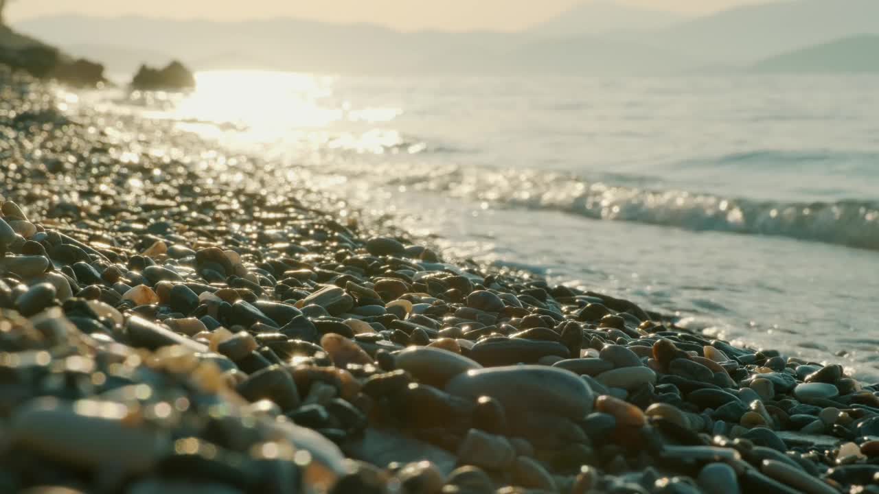 完美的海滩景色。当太阳缓慢落下时，海浪轻轻地撞击着鹅卵石铺满的海岸。节日的概念。视频下载