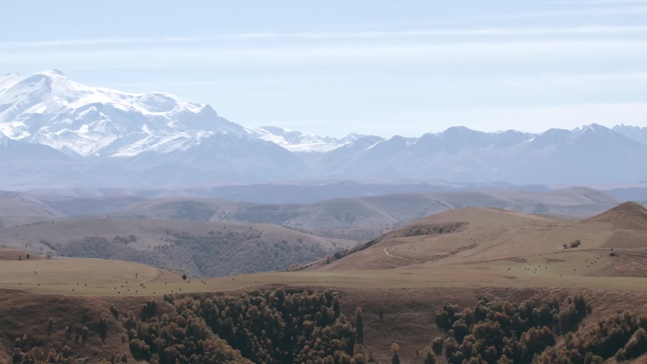 风景如画的山谷，黄色的草甸和巨大的寒冷的山峰，白色的山峰。有创造力。清晨的薄雾中，白雪覆盖着小山视频素材