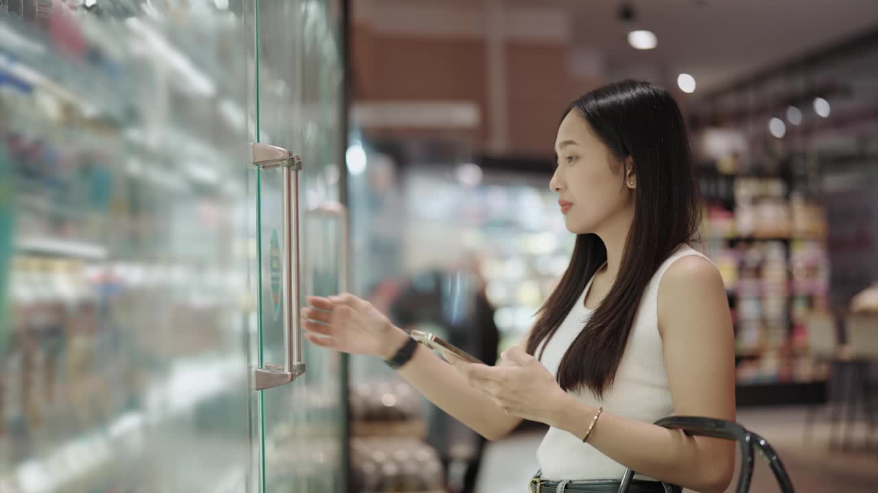 一名亚洲妇女在杂货店挑选牛奶视频素材