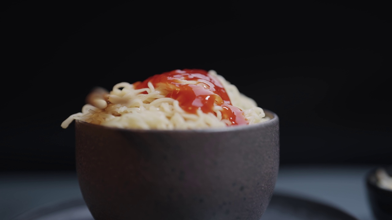 煮熟的意大利面意大利面在盘子里，黑色背景的番茄酱，近距离视频素材