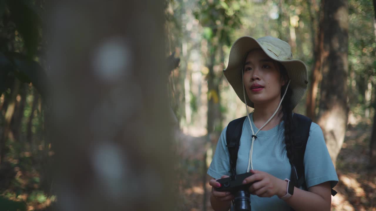 年轻的亚洲女背包客在秋天的森林里使用数码相机视频素材