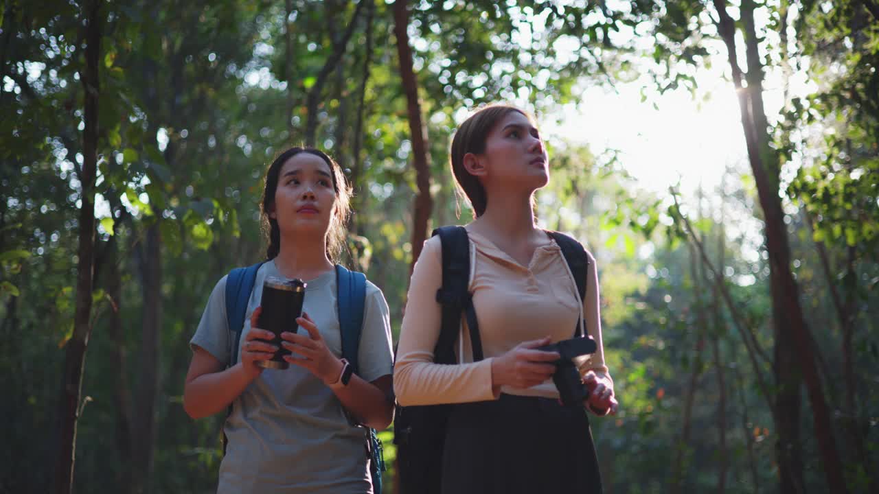 两个年轻的亚洲背包女在森林里带着数码相机走在小路上视频素材