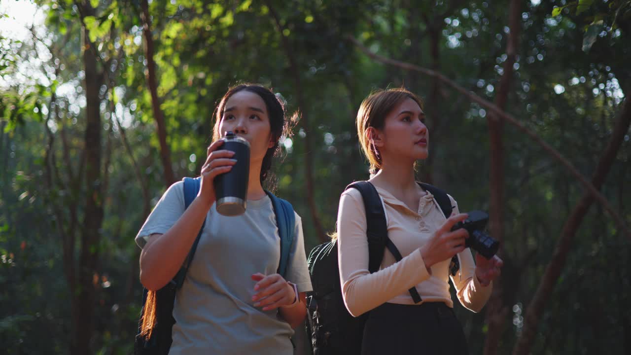 两个年轻的亚洲背包女在森林里带着数码相机走在小路上视频素材